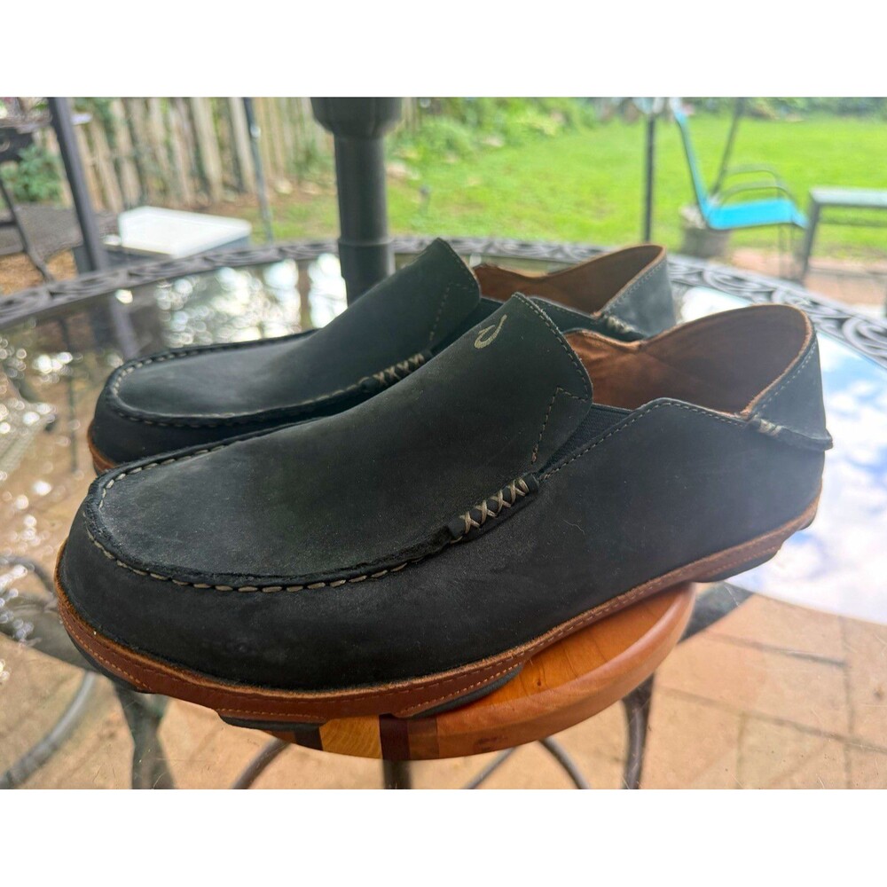 OluKai Moloa Mens 12 Black Leather Slip On Round Toe Casual Shoes 10128-4033